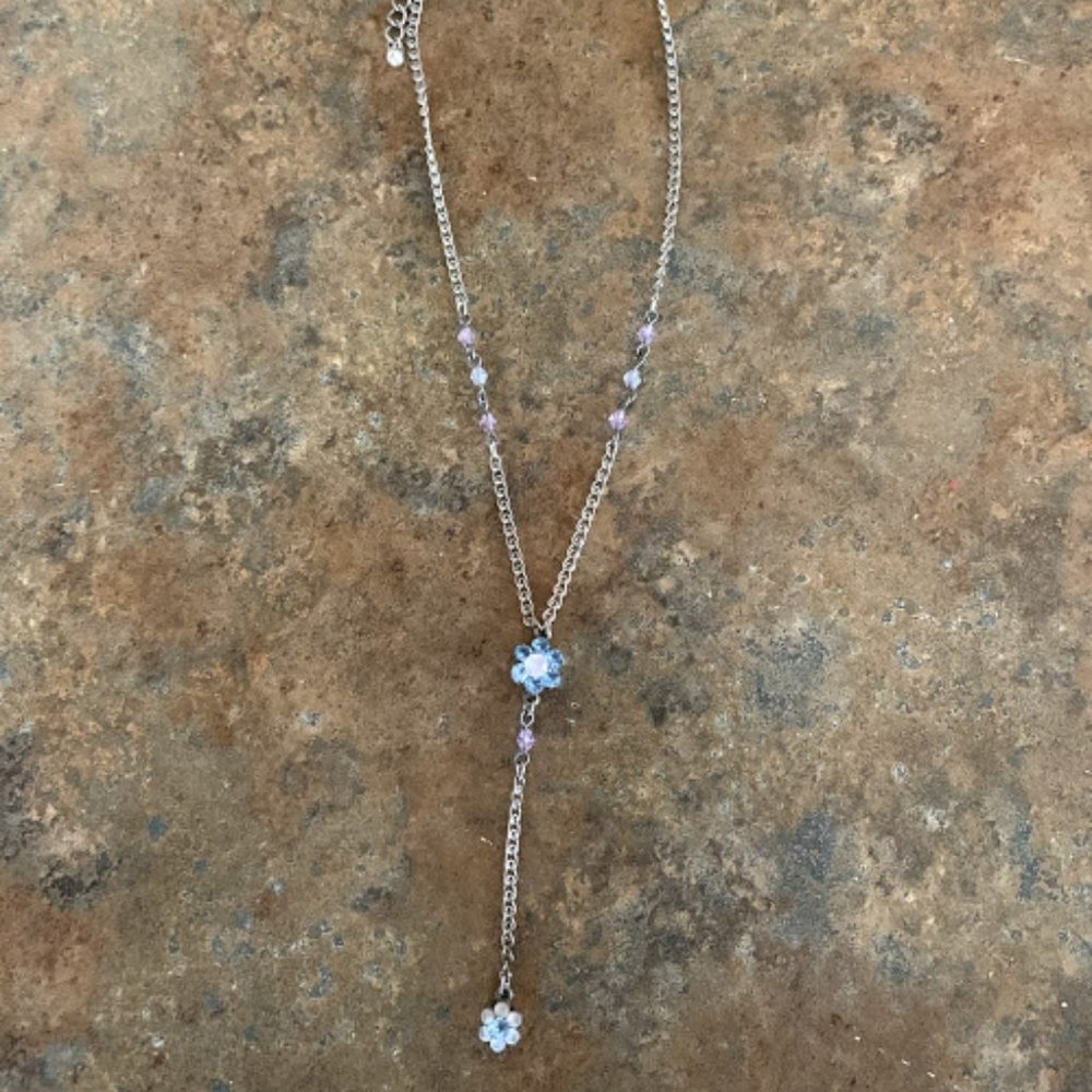 silver blue floral lariat Y necklace